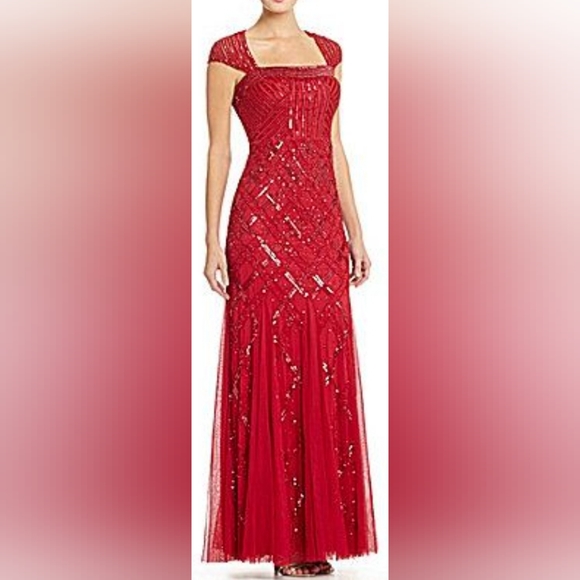 Beaded Adrianna Papell Cap Sleeve Square Neck Claret Red Dress Gown 6p - Picture 3 of 16